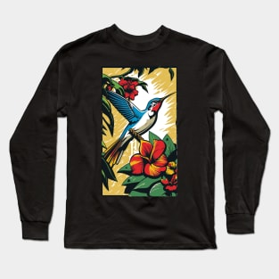 Hummingbird Vibrant Tropical Flower Tall Retro Vintage Digital Pop Art Portrait Long Sleeve T-Shirt